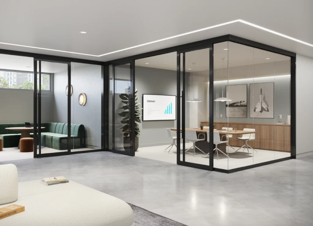 Inline double-leaf sliding glass doors in modern conference room by PC350