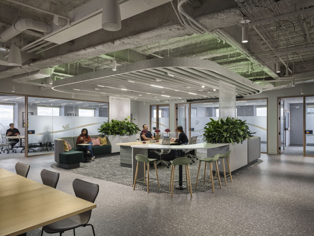 Modern office collaboration space with greenery, high-top seating, and glass-walled private offices.